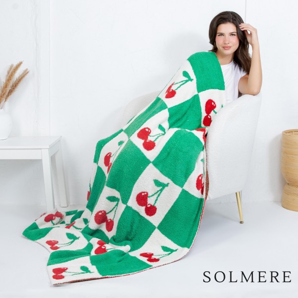 Solmere Blanket – Checked Cherries Blanket

Wrap yourself in pure indulgence. Our Solmere Blanket combines a fashion-forward design with an irresistibly soft hand-feel that’s as beautiful as it is cozy.

- Luxuriously Soft – Crafted from ultra-plush, high-quality fibers you’ll want to snuggle into all season long.

- Perfectly Sized – Approximately 50” W x 60” L, perfect for draping over your sofa, bed, or yourself.

- Premium Craftsmanship – 100% polyester for lasting softness, warmth, and easy care.

- Thoughtful Packaging – Each blanket is tied with a branded ribbon in a bow and includes two cards: one featuring the SOLMERE brand and another showcasing a high-quality image of the blanket’s print. Individually packaged

Once you touch it, you’ll understand why SOLMERE blankets are love at first feel.
