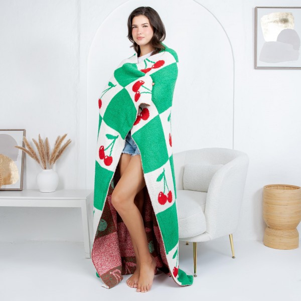 Solmere Blanket – Checked Cherries Blanket

Wrap yourself in pure indulgence. Our Solmere Blanket combines a fashion-forward design with an irresistibly soft hand-feel that’s as beautiful as it is cozy.

- Luxuriously Soft – Crafted from ultra-plush, high-quality fibers you’ll want to snuggle into all season long.

- Perfectly Sized – Approximately 50” W x 60” L, perfect for draping over your sofa, bed, or yourself.

- Premium Craftsmanship – 100% polyester for lasting softness, warmth, and easy care.

- Thoughtful Packaging – Each blanket is tied with a branded ribbon in a bow and includes two cards: one featuring the SOLMERE brand and another showcasing a high-quality image of the blanket’s print. Individually packaged

Once you touch it, you’ll understand why SOLMERE blankets are love at first feel.
