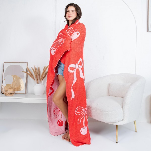 Solmere Blanket – Cherries & Bow Blanket

Wrap yourself in pure indulgence. Our Solmere Blanket combines a fashion-forward design with an irresistibly soft hand-feel that’s as beautiful as it is cozy.

- Luxuriously Soft – Crafted from ultra-plush, high-quality fibers you’ll want to snuggle into all season long.

- Perfectly Sized – Approximately 50” W x 60” L, perfect for draping over your sofa, bed, or yourself.

- Premium Craftsmanship – 100% polyester for lasting softness, warmth, and easy care.

- Thoughtful Packaging – Each blanket is tied with a branded ribbon in a bow and includes two cards: one featuring the SOLMERE brand and another showcasing a high-quality image of the blanket’s print. Individually packaged

Once you touch it, you’ll understand why SOLMERE blankets are love at first feel.
