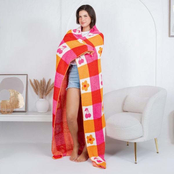 Solmere Blanket – Checkered Flowers & Cherries Blanket

Wrap yourself in pure indulgence. Our Solmere Blanket combines a fashion-forward design with an irresistibly soft hand-feel that’s as beautiful as it is cozy.

- Luxuriously Soft – Crafted from ultra-plush, high-quality fibers you’ll want to snuggle into all season long.

- Perfectly Sized – Approximately 50” W x 60” L, perfect for draping over your sofa, bed, or yourself.

- Premium Craftsmanship – 100% polyester for lasting softness, warmth, and easy care.

- Thoughtful Packaging – Each blanket is tied with a branded ribbon in a bow and includes two cards: one featuring the SOLMERE brand and another showcasing a high-quality image of the blanket’s print. Individually packaged

Once you touch it, you’ll understand why SOLMERE blankets are love at first feel.
