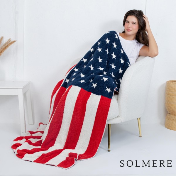 Solmere Blanket – American Flag Blanket

Wrap yourself in pure indulgence. Our Solmere Blanket combines a fashion-forward design with an irresistibly soft hand-feel that’s as beautiful as it is cozy.

- Luxuriously Soft – Crafted from ultra-plush, high-quality fibers you’ll want to snuggle into all season long.

- Perfectly Sized – Approximately 50” W x 60” L, perfect for draping over your sofa, bed, or yourself.

- Premium Craftsmanship – 100% polyester for lasting softness, warmth, and easy care.

- Thoughtful Packaging – Each blanket is tied with a branded ribbon in a bow and includes two cards: one featuring the SOLMERE brand and another showcasing a high-quality image of the blanket’s print. Individually packaged

Once you touch it, you’ll understand why SOLMERE blankets are love at first feel.
