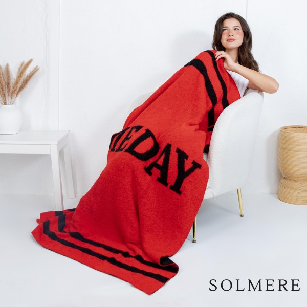 Solmere Blanket – Game Day Blanket

Wrap yourself in pure indulgence. Our Solmere Blanket combines a fashion-forward design with an irresistibly soft hand-feel that’s as beautiful as it is cozy.

- Luxuriously Soft – Crafted from ultra-plush, high-quality fibers you’ll want to snuggle into all season long.

- Perfectly Sized – Approximately 50” W x 60” L, perfect for draping over your sofa, bed, or yourself.

- Premium Craftsmanship – 100% polyester for lasting softness, warmth, and easy care.

- Thoughtful Packaging – Each blanket is tied with a branded ribbon in a bow and includes two cards: one featuring the SOLMERE brand and another showcasing a high-quality image of the blanket’s print. Individually packaged

Once you touch it, you’ll understand why SOLMERE blankets are love at first feel.
