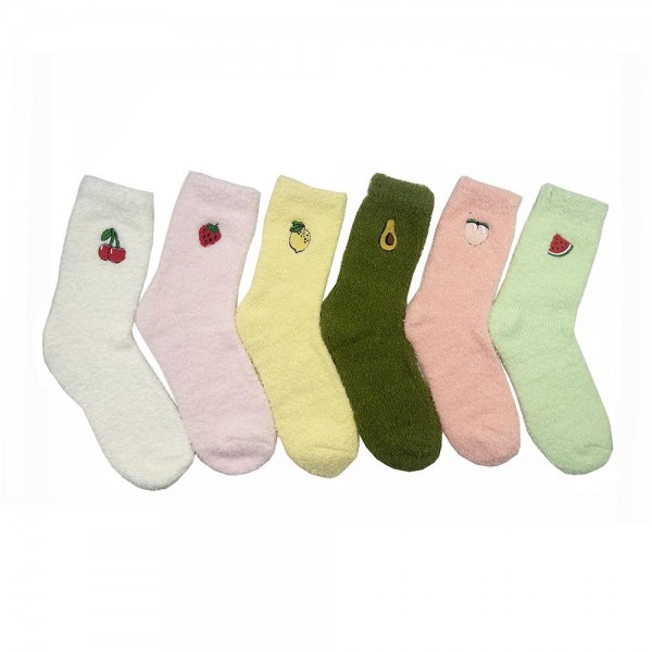 Soft Plush Knit Embroidered Fruit Socks (6-pack)

- One Size Fits Most (Sizes Adult 6-11)
- Assorted Colors
- 100% Poly Microfiber