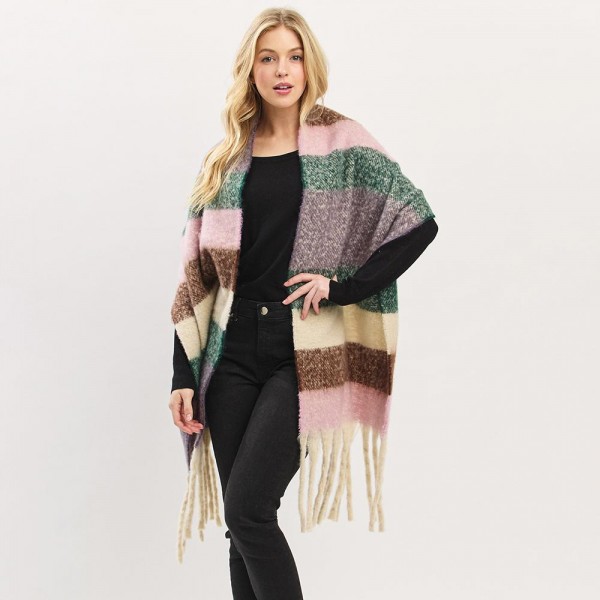 Wholesale multi Color Stripe Fuzzy Knit Scarf Tassel Detail One W L Polyester