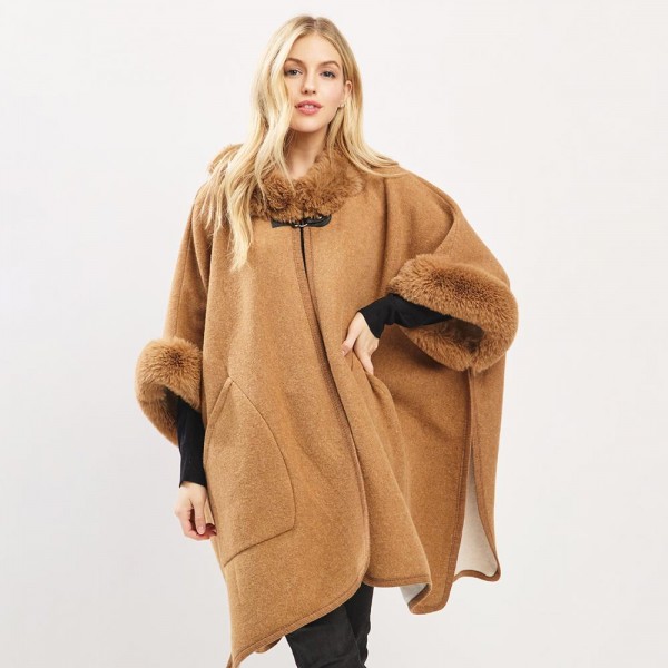 Faux Wool & Fur Open Poncho 

- Snap Closure
- One Size Fits Most (0-14)
- 80% Acrylic / 20% Polyester
