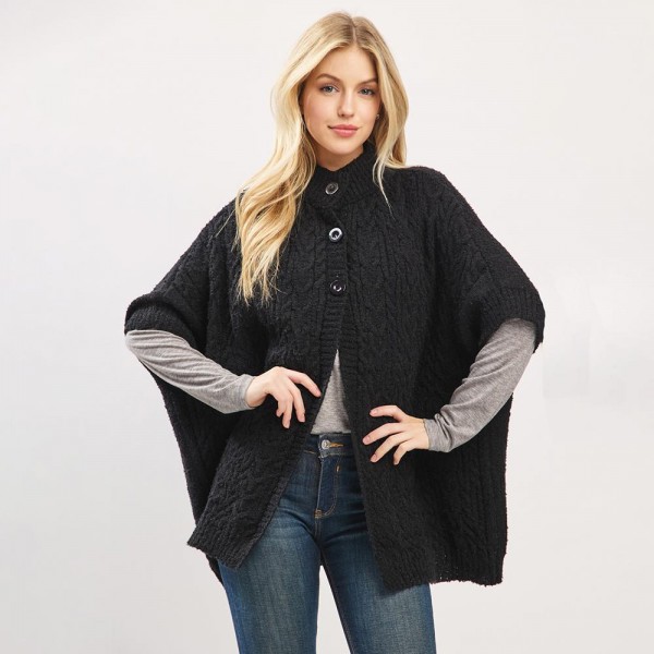 Cable Knit Button Up Cape 

- One Size Fits Most (0-14)
- 100% Polyester 