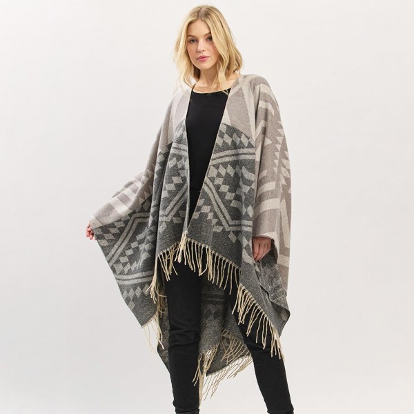 Wholesale aztec Pattern Ruana Wrap Tassels One Fits Most Polyester