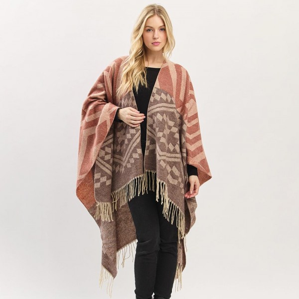 Wholesale aztec Pattern Ruana Wrap Tassels One Fits Most Polyester