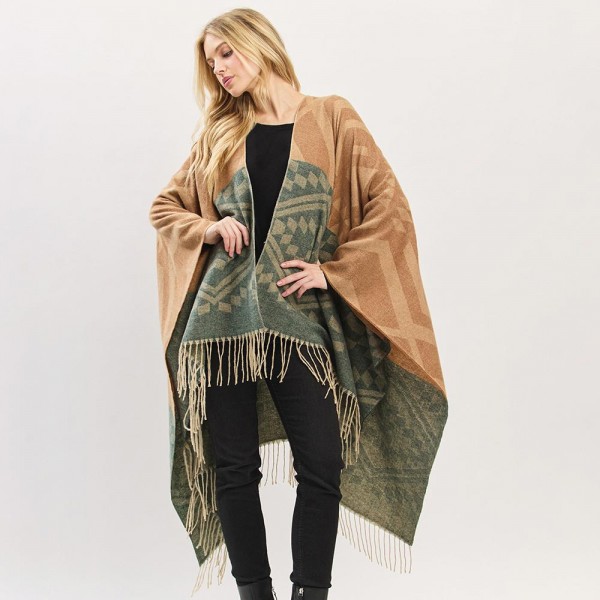 Wholesale aztec Pattern Ruana Wrap Tassels One Fits Most Polyester