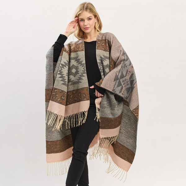Wholesale aztec Leopard Pattern Ruana Wrap Tassels One Fits Most Polyester
