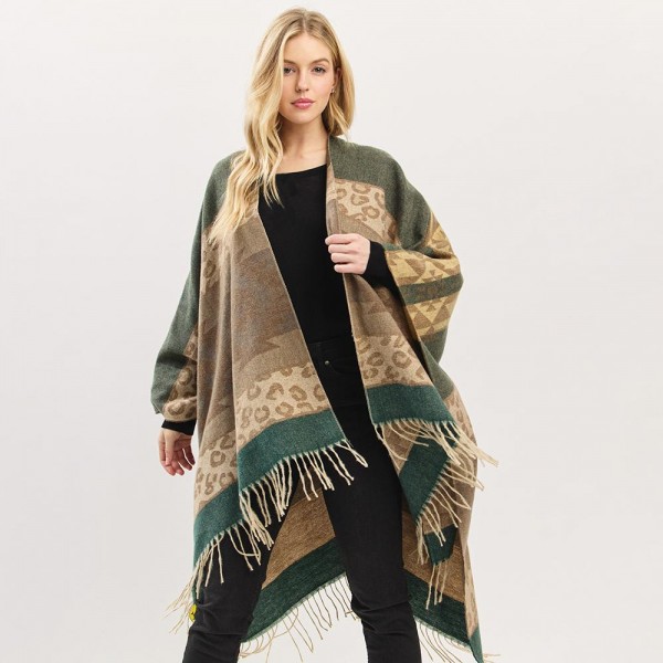 Wholesale aztec Leopard Pattern Ruana Wrap Tassels One Fits Most Polyester