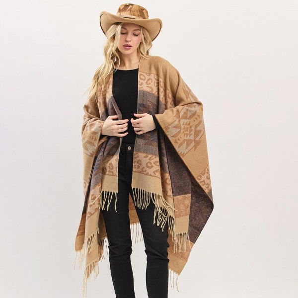 Wholesale aztec Leopard Pattern Ruana Wrap Tassels One Fits Most Polyester