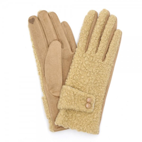 Teddy Sherpa Gloves Featuring Button Buckle Detail 

- Touch Screen Compatible
- Fleece Lining
- One Size Fits Most
- 100% Polyester
