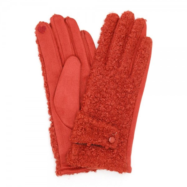 Teddy Sherpa Gloves Featuring Button Buckle Detail 

- Touch Screen Compatible
- Fleece Lining
- One Size Fits Most
- 100% Polyester