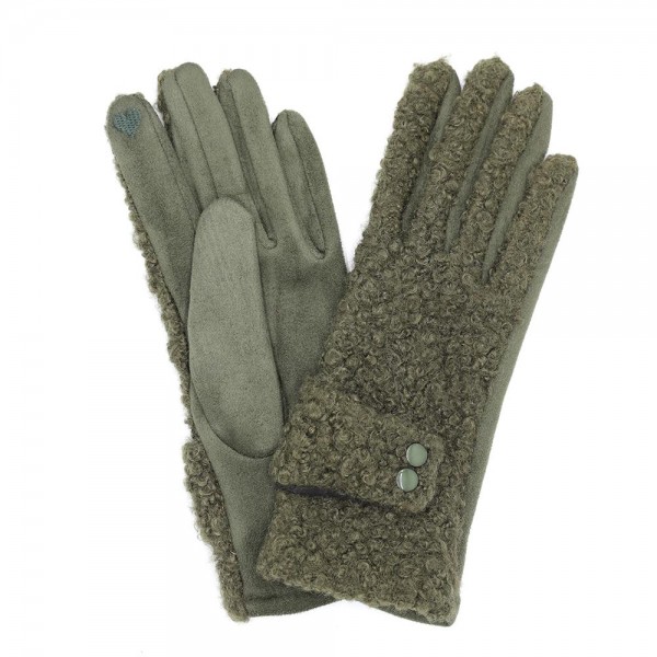Teddy Sherpa Gloves Featuring Button Buckle Detail 

- Touch Screen Compatible
- Fleece Lining
- One Size Fits Most
- 100% Polyester