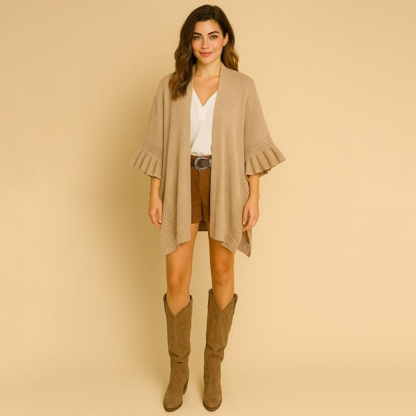 Do Everything In Love Solid Kimono With Ruffle Sleeves 

- One Size Fits Most (0-14)
- L 31.5 x W 33.5
- 100% Acrylic