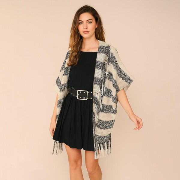 Do Everything In Love Soft Knit Striped Fringe Kimono

- One Size Fits Most (0-14)
- L 31.5" x W 33.5"
- 100% Acrylic