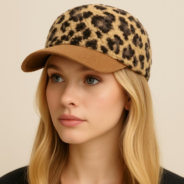 Sherpa Leopard Print Cap With Corduroy Bill 

- 100% Polyester 