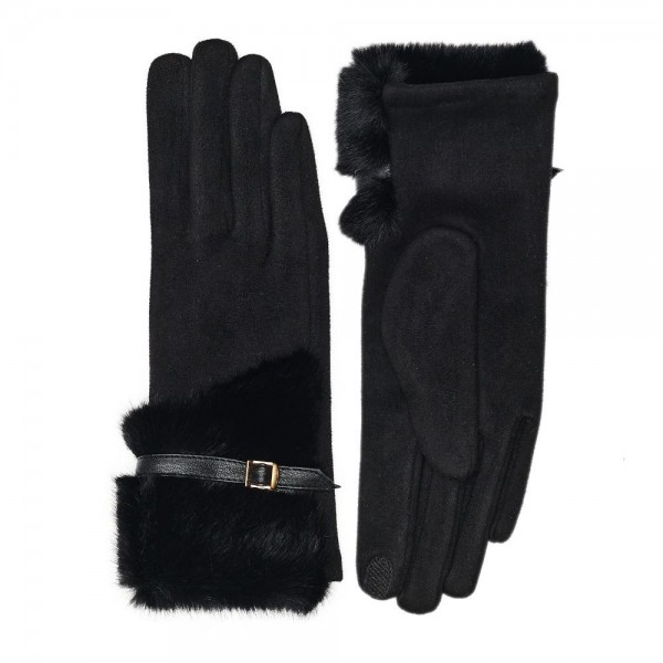 Faux Fur & Suede Gloves With Vegan Leather Strap Detail 

- Touch Screen Compatible
- Fleece Lining
- One Size Fits Most
- 100% Polyester