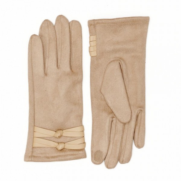 Faux Suede Gloves With Vegan Leather Knotted Strap Detail

- Touch Screen Compatible
- Fleece Lining
- One Size Fits Most
- 100% Polyester