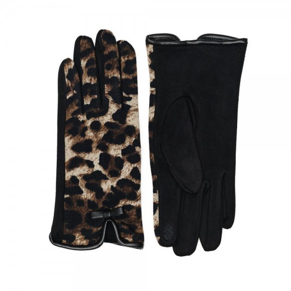 Wholesale leopard Print Gloves Vegan Leather Bow Detail Touch Screen Compatible