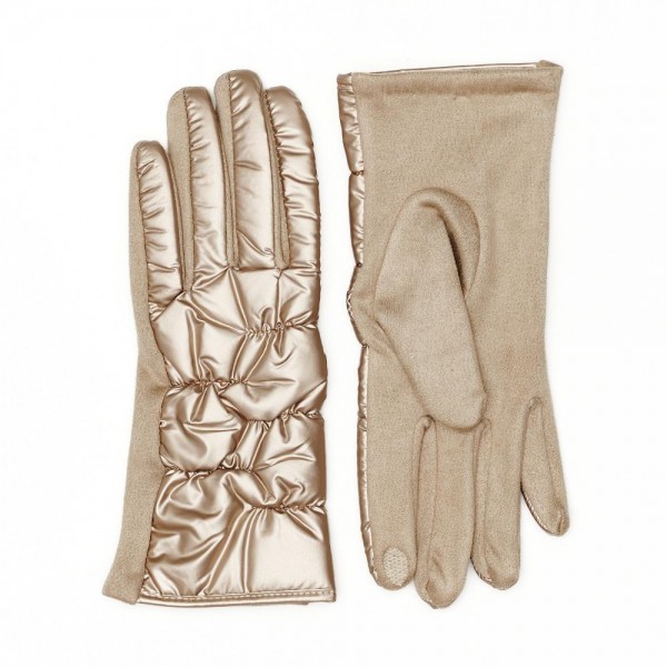 Puffy Nylon & Faux Suede Gloves

- Touch Screen Compatible
- Fleece Lining
- One Size Fits Most
- 100% Polyester