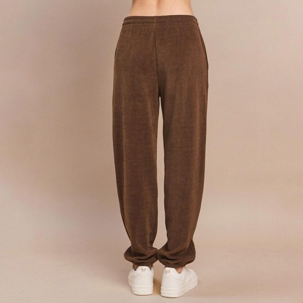Women’s Corduroy Jogger Pants - Stretch Knit Corduroy Fabric - Two Pockets on the Side - Elastic Waist with Drawstring - Ribbed - Pull up style - Imported - 98% polyester 2% spandex view 5