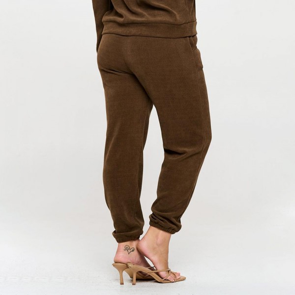 Women’s Corduroy Jogger Pants - Stretch Knit Corduroy Fabric - Two Pockets on the Side - Elastic Waist with Drawstring - Ribbed - Pull up style - Imported - 98% polyester 2% spandex view 5