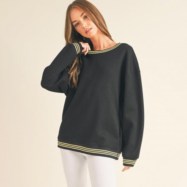 Women’s Striped Trim Crewneck UltraComfy Sweatshirt

- Crewneck
- Striped trim
- Oversized
- Casual, relaxed fit
- Side Pockets
- Soft & comfortable
- 45% Rayon, 47% Polyester, 8% Spandex