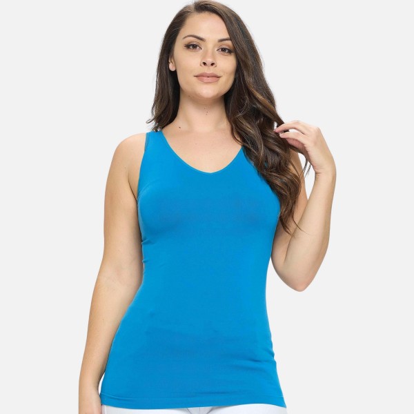 Lady's Plus Size V or U Neckline Reversible Seamless Tank

- Wide Shoulder Straps
- Back Scoop Neck
- Fitted Silhouette
- Seamless Design
- Buttery Soft Fabrication With Stretch
- Pull On/Off
- Longline Hem
- One Size
- 92% Nylon 8% Spandex