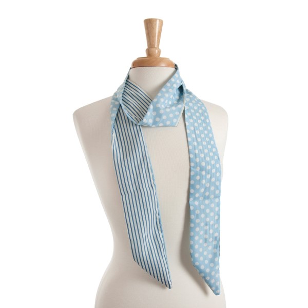Wholesale reversible light blue skinny scarf white polka dots one side white str