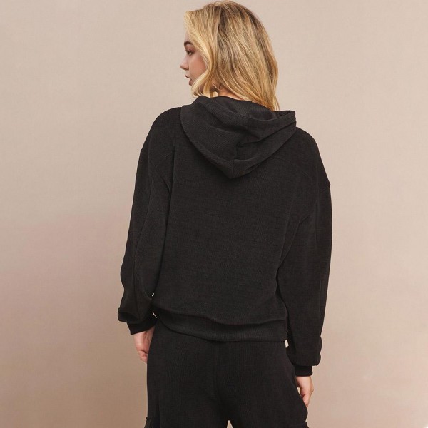 Women's Relaxed Ribbed Corduroy Hoodie - Stretch Knit Corduroy Fabric - Kangaroo Pocket - Patch Pocket - Adjustable Hood with Drawstring - Dropped Shoulder - Imported - 98% polyester 2% spandex view 5