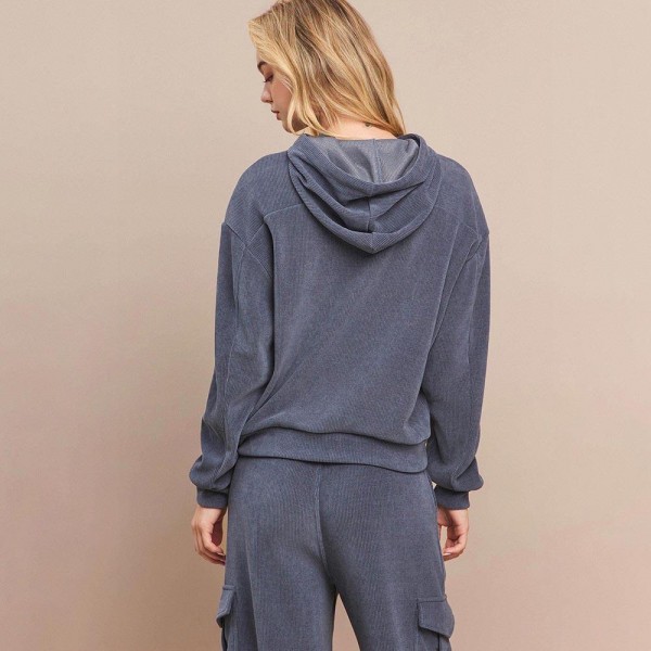 Women's Relaxed Ribbed Corduroy Hoodie - Stretch Knit Corduroy Fabric - Kangaroo Pocket - Patch Pocket - Adjustable Hood with Drawstring - Dropped Shoulder - Imported - 98% polyester 2% spandex view 5