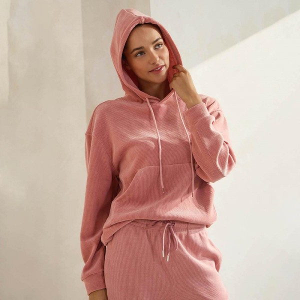 Women's Relaxed Ribbed Corduroy Hoodie - Stretch Knit Corduroy Fabric - Kangaroo Pocket - Patch Pocket - Adjustable Hood with Drawstring - Dropped Shoulder - Imported - 98% polyester 2% spandex view 5