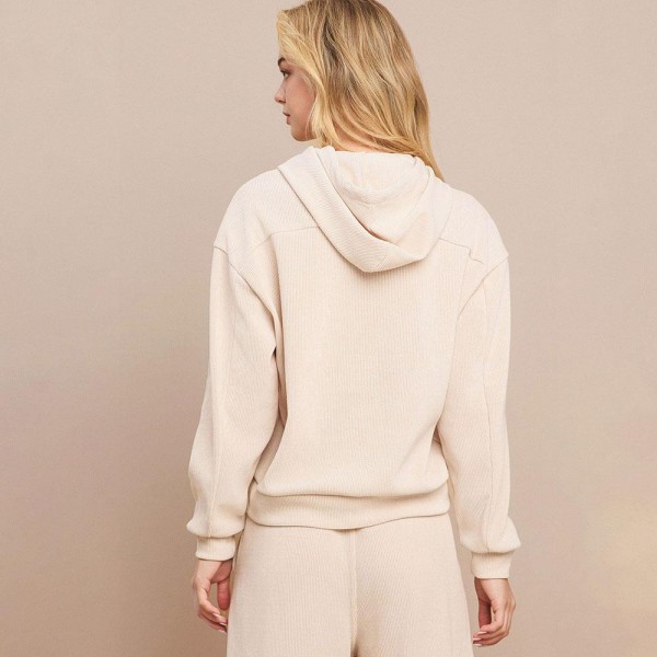 Women's Relaxed Ribbed Corduroy Hoodie - Stretch Knit Corduroy Fabric - Kangaroo Pocket - Patch Pocket - Adjustable Hood with Drawstring - Dropped Shoulder - Imported - 98% polyester 2% spandex view 5