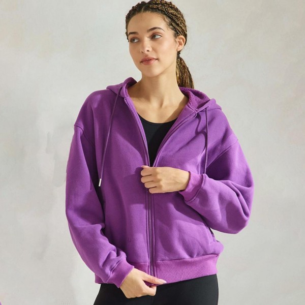 Women's Cozy Fleece Front Zip Hoodie

- Dropped Shoulder
- Zip Front Closure
- Elastic Hem and Cuffs
- Lip Pockets
- Matching Color Zipper
- Relaxed Silhouette
- Soft and Comfy
- 97% Cotton, 3% Spandex