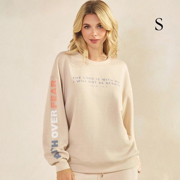 Women's Faith Over Fear Scuba Pullover Sweatshirt

- Crew Neck
- Dropped Shoulder For A Relaxed Silhouette
- Soft, Ultra-Comfy Fabric
- Full-Length Sleeves With Cuff Bands 
- Faith Over Fear Printed Down Sleeves
- 45% Rayon / 47% Polyester / 8% Spandex