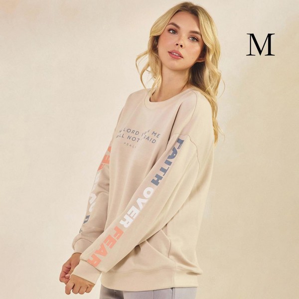 Women's Faith Over Fear Scuba Pullover Sweatshirt

- Crew Neck
- Dropped Shoulder For A Relaxed Silhouette
- Soft, Ultra-Comfy Fabric
- Full-Length Sleeves With Cuff Bands 
- Faith Over Fear Printed Down Sleeves
- 45% Rayon / 47% Polyester / 8% Spandex