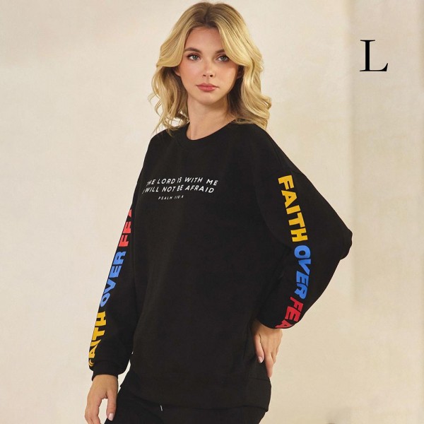 Women's Faith Over Fear Scuba Pullover Sweatshirt

- Crew Neck
- Dropped Shoulder For A Relaxed Silhouette
- Soft, Ultra-Comfy Fabric
- Full-Length Sleeves With Cuff Bands 
- Faith Over Fear Printed Down Sleeves
- 45% Rayon / 47% Polyester / 8% Spandex