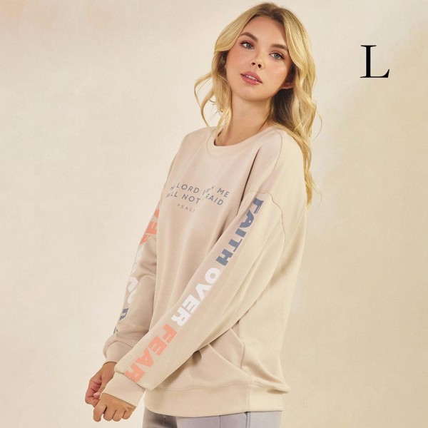 Women's Faith Over Fear Scuba Pullover Sweatshirt

- Crew Neck
- Dropped Shoulder For A Relaxed Silhouette
- Soft, Ultra-Comfy Fabric
- Full-Length Sleeves With Cuff Bands 
- Faith Over Fear Printed Down Sleeves
- 45% Rayon / 47% Polyester / 8% Spandex