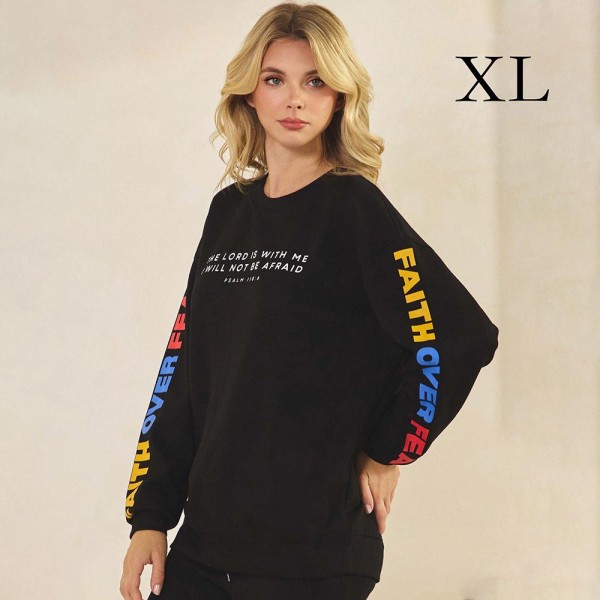Women's Faith Over Fear Scuba Pullover Sweatshirt

- Crew Neck
- Dropped Shoulder For A Relaxed Silhouette
- Soft, Ultra-Comfy Fabric
- Full-Length Sleeves With Cuff Bands 
- Faith Over Fear Printed Down Sleeves
- 45% Rayon / 47% Polyester / 8% Spandex