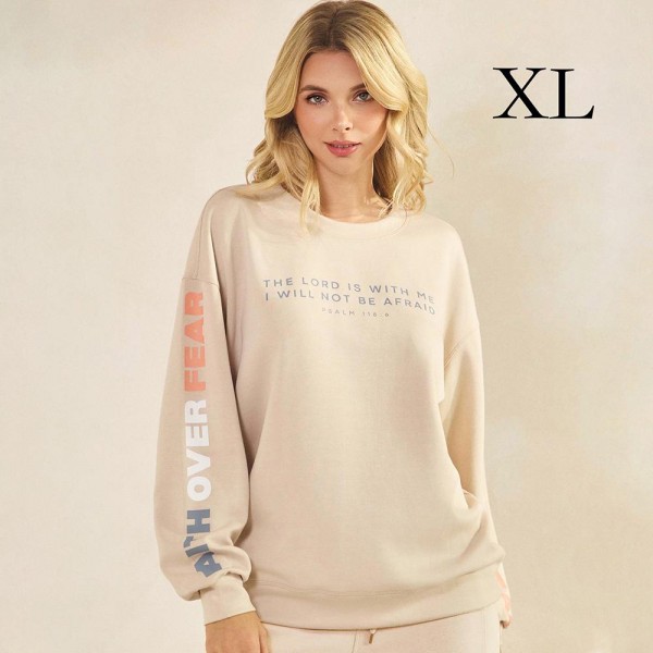 Women's Faith Over Fear Scuba Pullover Sweatshirt

- Crew Neck
- Dropped Shoulder For A Relaxed Silhouette
- Soft, Ultra-Comfy Fabric
- Full-Length Sleeves With Cuff Bands 
- Faith Over Fear Printed Down Sleeves
- 45% Rayon / 47% Polyester / 8% Spandex