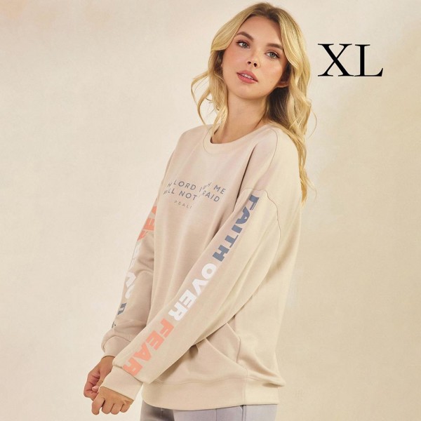 Women's Faith Over Fear Scuba Pullover Sweatshirt

- Crew Neck
- Dropped Shoulder For A Relaxed Silhouette
- Soft, Ultra-Comfy Fabric
- Full-Length Sleeves With Cuff Bands 
- Faith Over Fear Printed Down Sleeves
- 45% Rayon / 47% Polyester / 8% Spandex