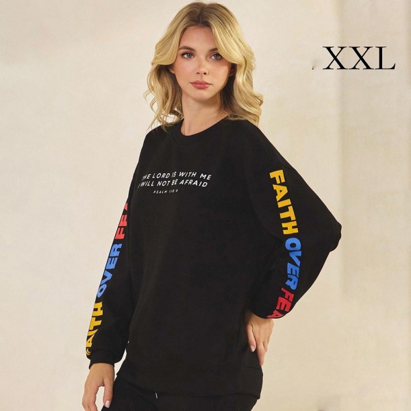 Women's Faith Over Fear Scuba Pullover Sweatshirt

- Crew Neck
- Dropped Shoulder For A Relaxed Silhouette
- Soft, Ultra-Comfy Fabric
- Full-Length Sleeves With Cuff Bands 
- Faith Over Fear Printed Down Sleeves
- 45% Rayon / 47% Polyester / 8% Spandex