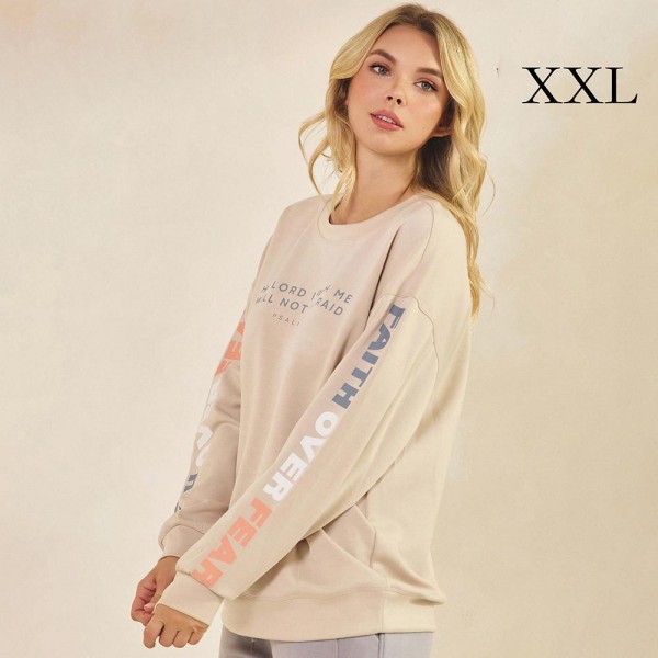 Women's Faith Over Fear Scuba Pullover Sweatshirt

- Crew Neck
- Dropped Shoulder For A Relaxed Silhouette
- Soft, Ultra-Comfy Fabric
- Full-Length Sleeves With Cuff Bands 
- Faith Over Fear Printed Down Sleeves
- 45% Rayon / 47% Polyester / 8% Spandex
