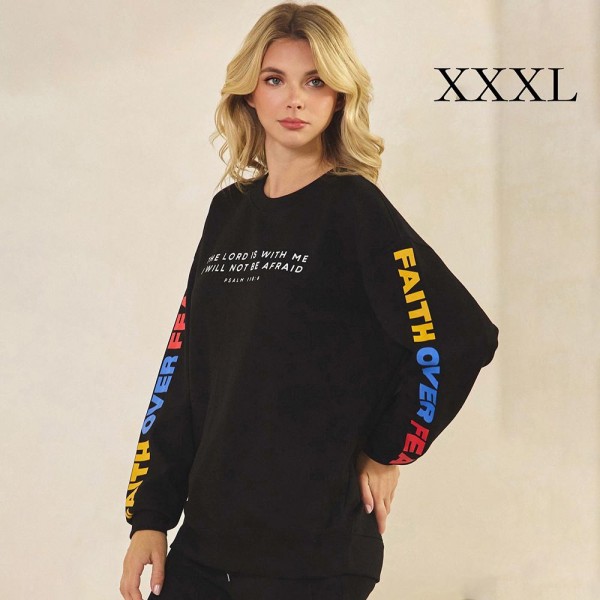 Women's Faith Over Fear Scuba Pullover Sweatshirt

- Crew Neck
- Dropped Shoulder For A Relaxed Silhouette
- Soft, Ultra-Comfy Fabric
- Full-Length Sleeves With Cuff Bands 
- Faith Over Fear Printed Down Sleeves
- 45% Rayon / 47% Polyester / 8% Spandex