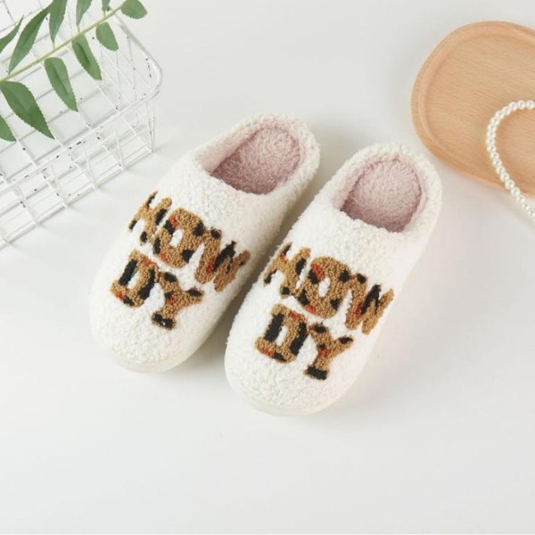 Plush Leopard "Howdy" Slide On Slippers (6-Pack)

- 100% Polyester
- Rubber Sole