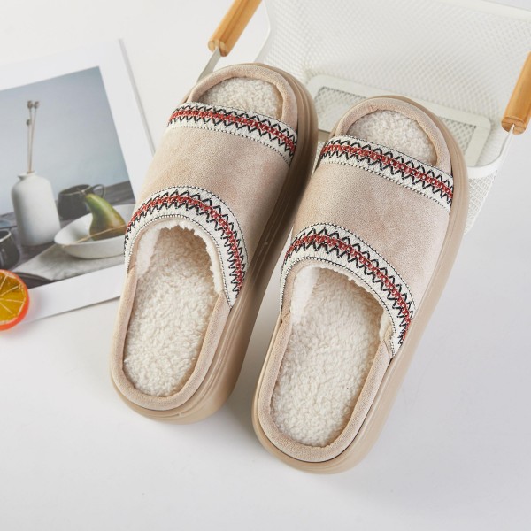 Faux Fur & Suede Slides Slippers With Cross Stitch Detail (6-Pack) - Rubber Sole - 100% Polyester Pack Breakdown: S:2,M:3,L:1 view 5