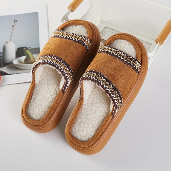 Faux Fur & Suede Slides Slippers With Cross Stitch Detail (6-Pack) - Rubber Sole - 100% Polyester view 5