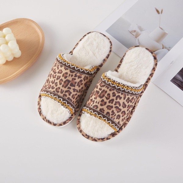 Leopard & Cross Stich Slides Slippers With Faux Fur Lining (6-Pack)

- 100% Polyester
- Rubber Sole